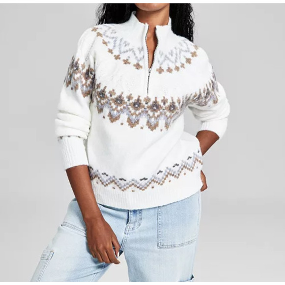 And Now This Sweater Womens Small Cream Fair Isle Quarter Zip Mock Neck Pullover - Picture 1 of 14